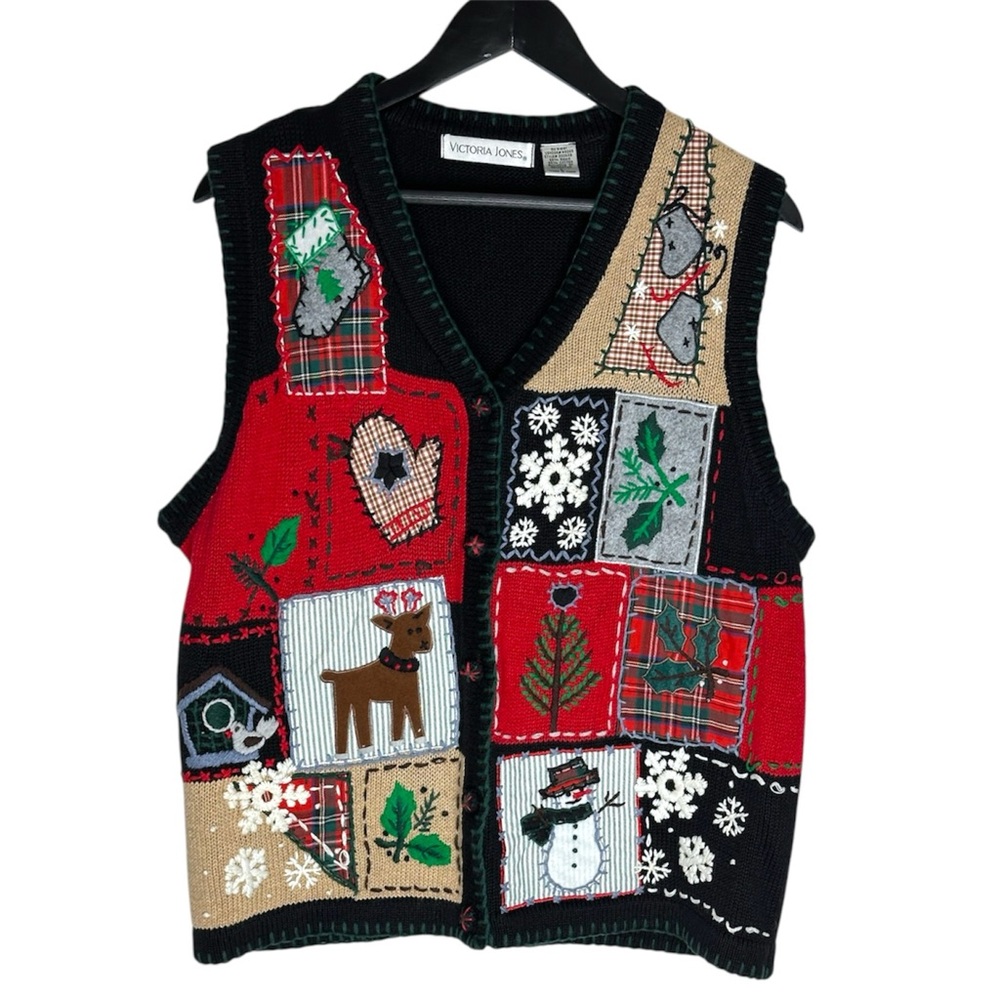 Victoria Jones Patchwork Christmas Ugly Vest Snowman Reindeer Holiday Large